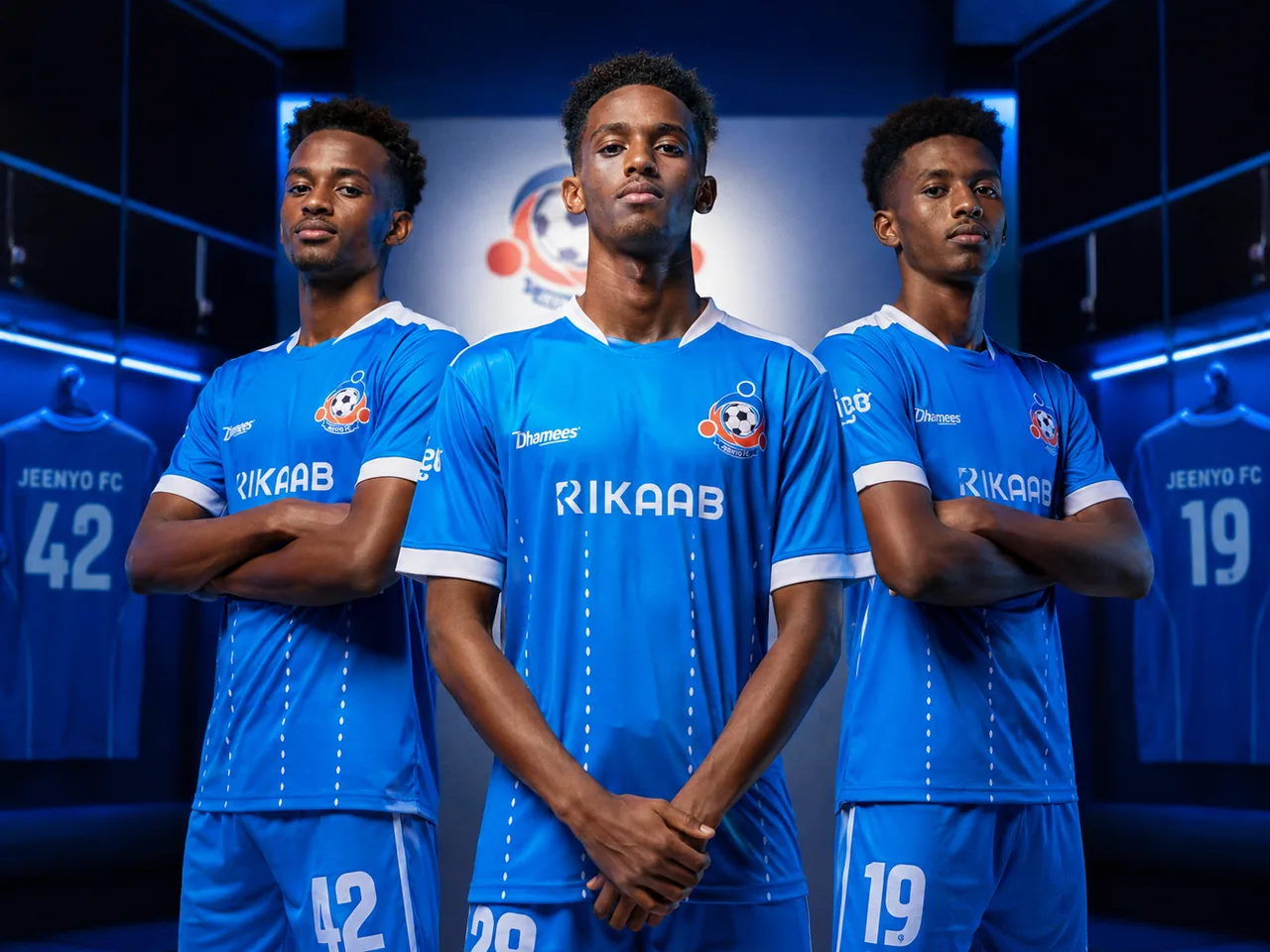 Jeenyo FC players wearing the blue away kit