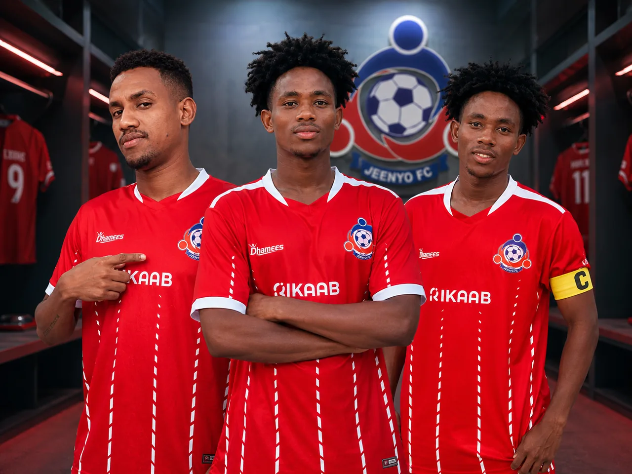 Jeenyo FC players wearing the red home kit